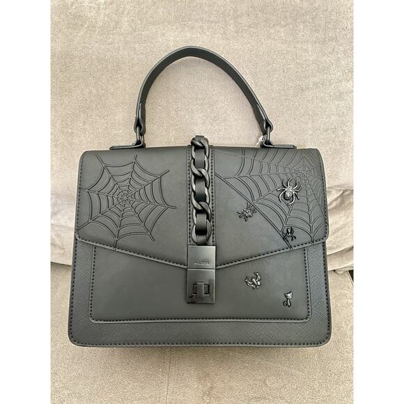 NWT ALDO Satchel Top Handle Bag Black Spider Web Halloween Purse Chain - Picture 1 of 4